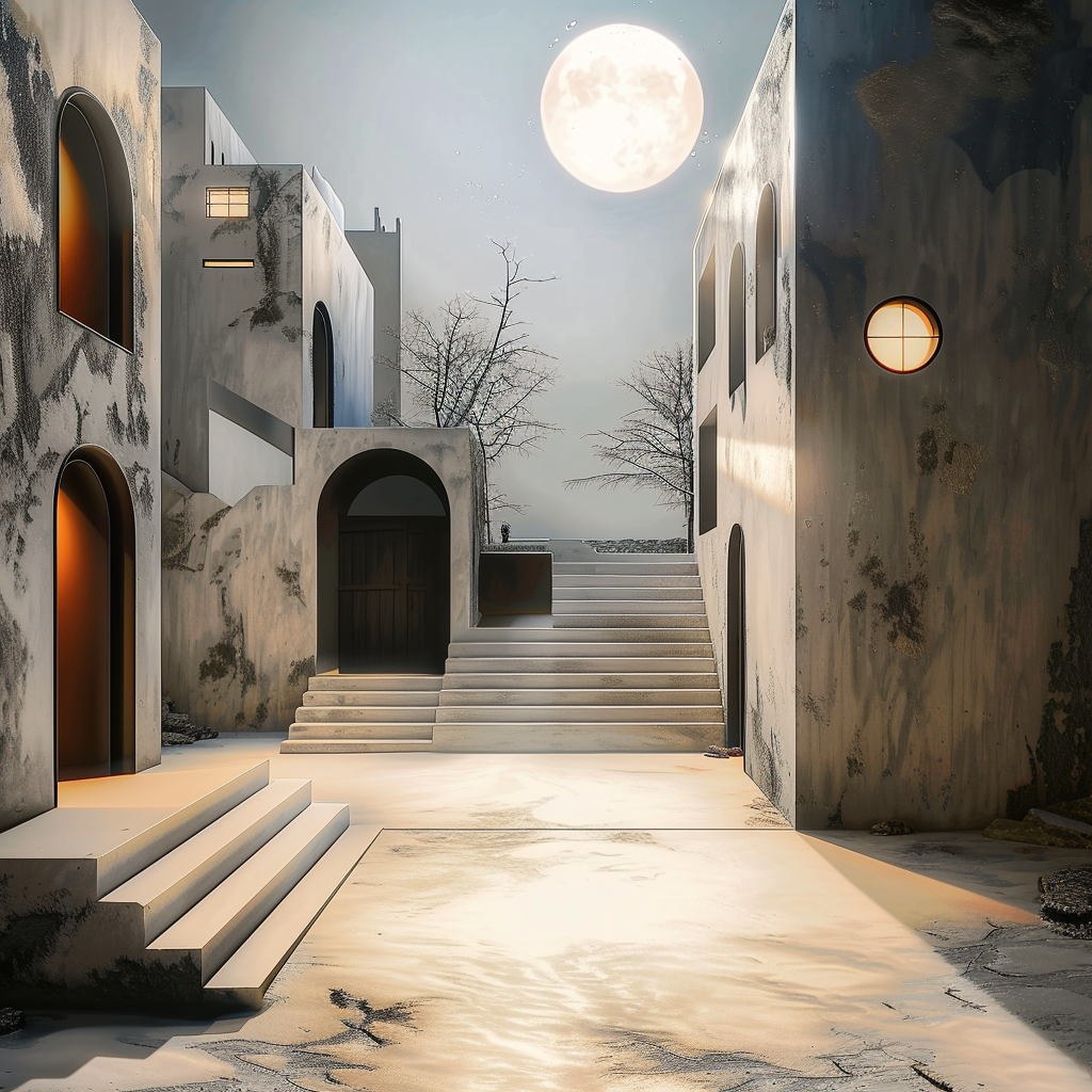Architektonische Szene mit weißen Gebäuden und Stufen im Mondlicht
