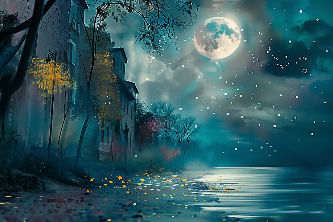 Stimmungsvolle nächtliche Szene mit Vollmond über einem Flussufer, leuchtenden Bäumen und funkelnden Lichtpunkten in der Luft – poetische Landschaft zwischen Traum und Realität.
