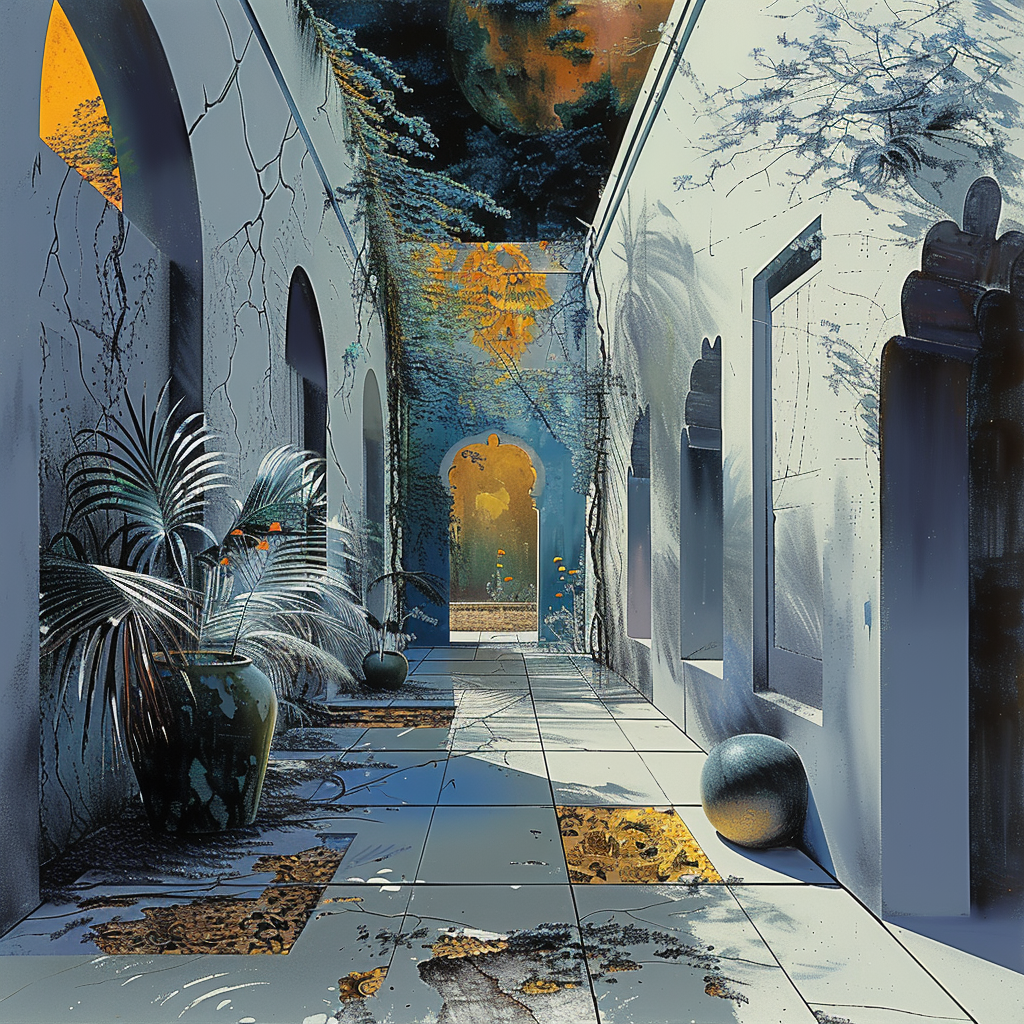 Stimmungsvolle surrealistische Szene eines hell erleuchteten Flurs mit Bögen, Pflanzen und einem Blick auf einen goldblauen Himmel – poetisches Spiel aus Licht, Struktur und Raum.
