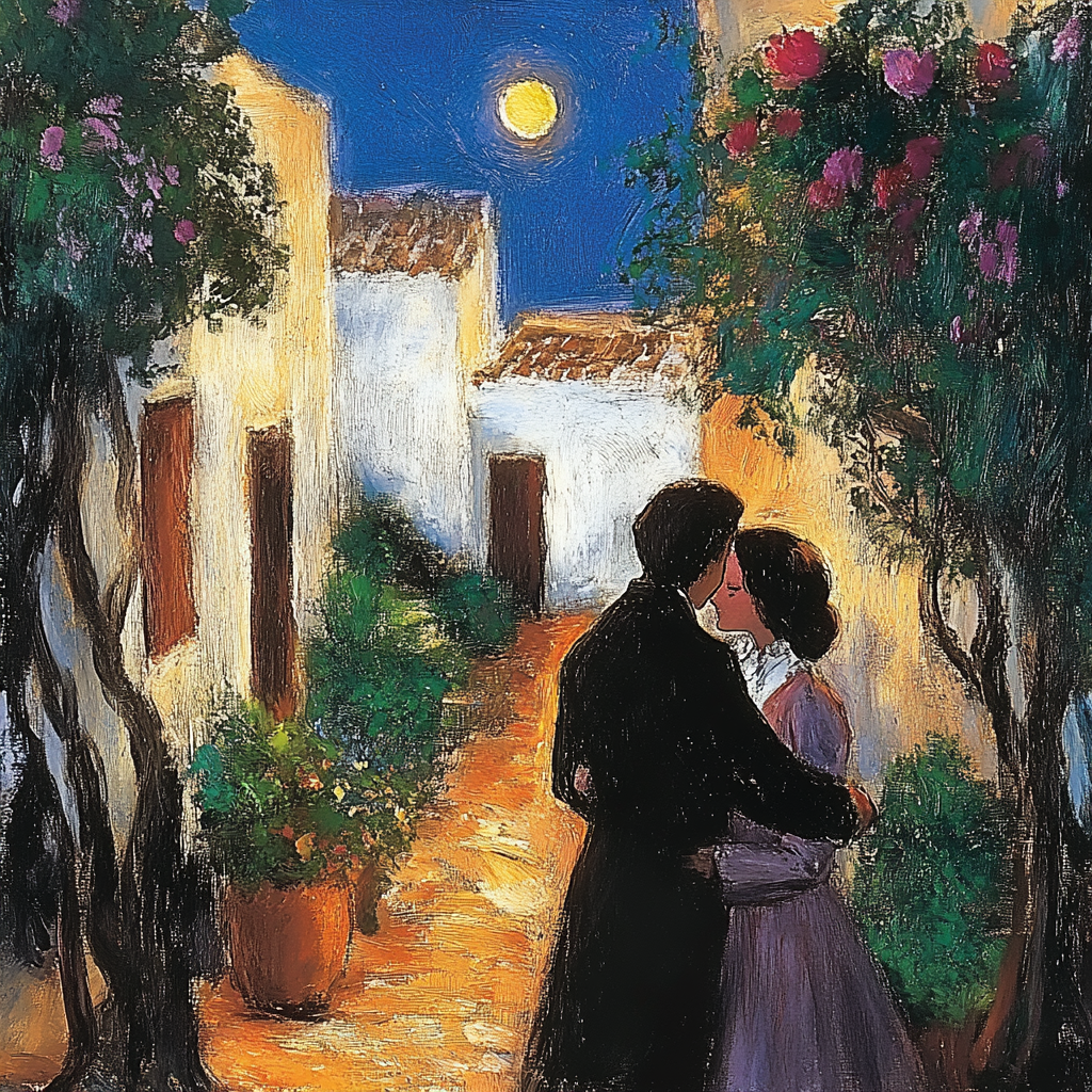 paar beim kuss in mediterraner gasse unter mondlicht
