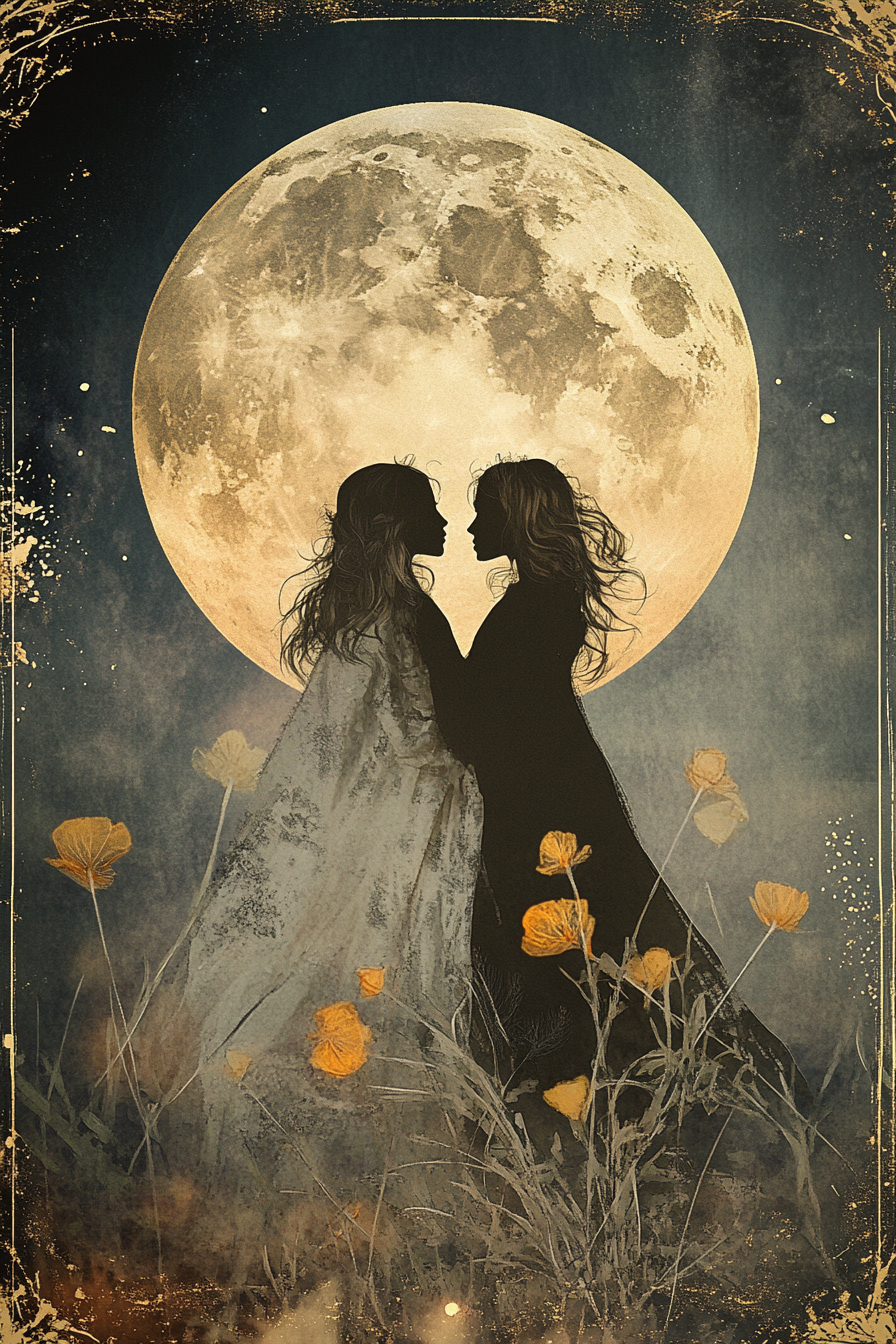 Zwei sich gegenüberstehende Silhouetten von Frauen unter einem riesigen Vollmond, umgeben von gelben Blumen in einer mystischen Nachtlandschaft.
