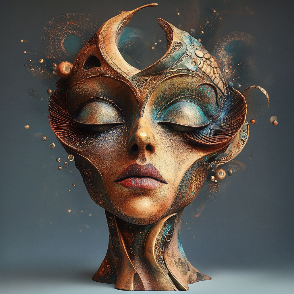Eine detailreiche Skulptur eines weiblichen Gesichts mit geschlossenen Augen, aus Bronze- und Goldtönen gestaltet. Ornamente, Halbmonde und organische Formen verschmelzen zu einem mystischen, futuristischen Porträt.
