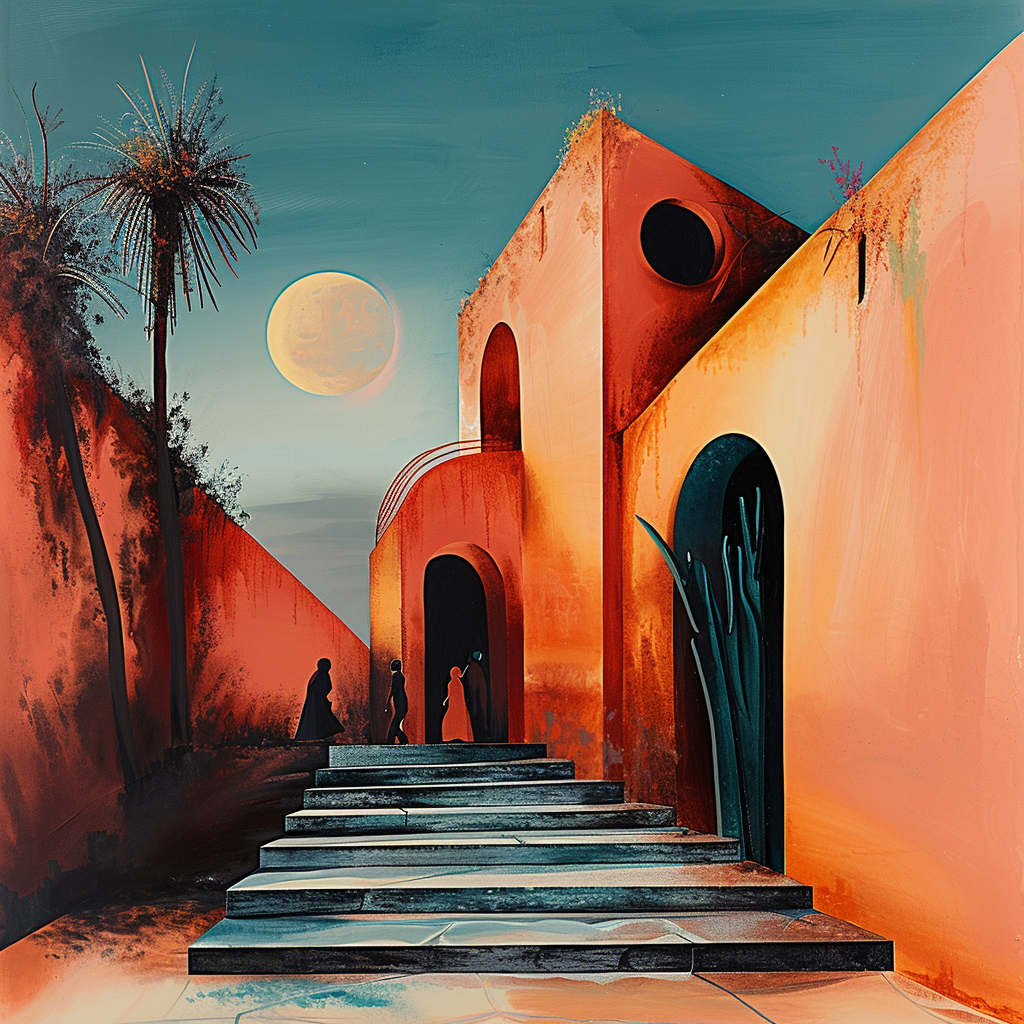 Surreale Architektur unter einem großen Mond – warme ockerfarbene Gebäude mit klaren Linien, Treppen und Silhouetten von Figuren in der Dämmerung.
