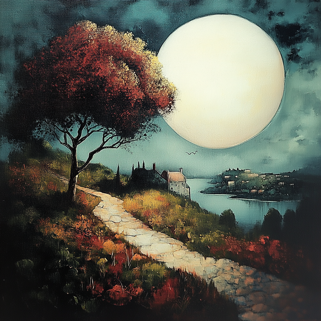 landschaft mit großem vollmond, baum und haus am flussufer
