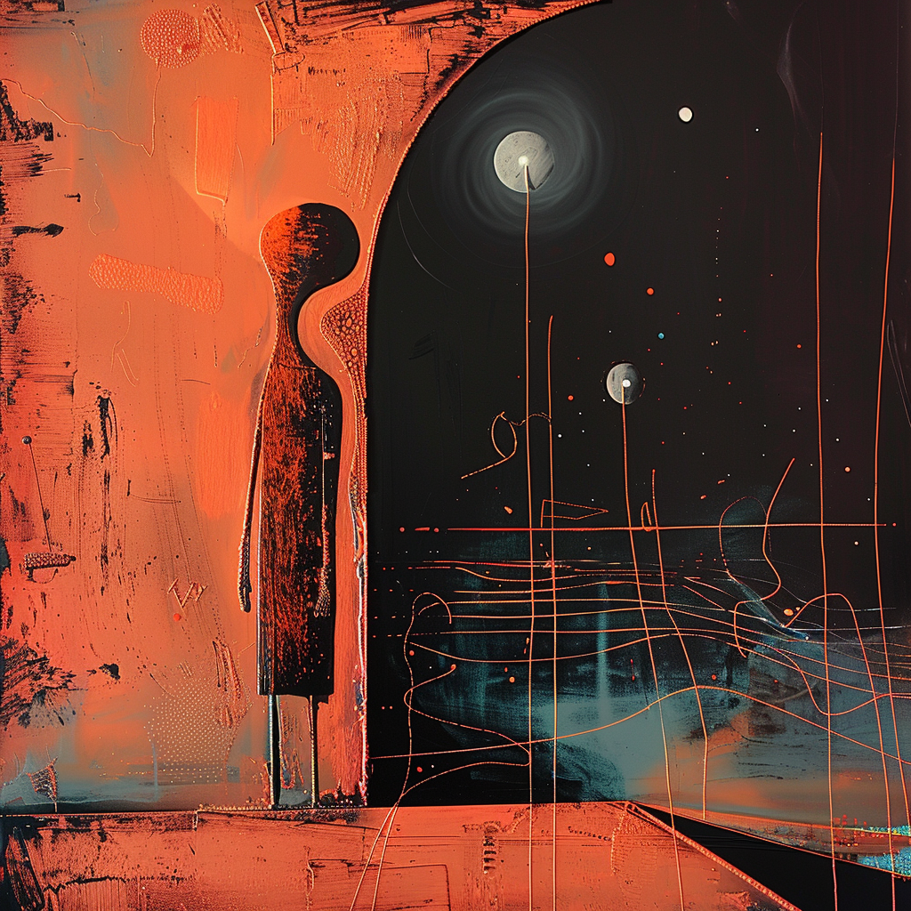 Abstrakte Malerei einer stehenden Figur im warmen Licht, die in eine dunkle Nacht mit leuchtendem Mond blickt.
