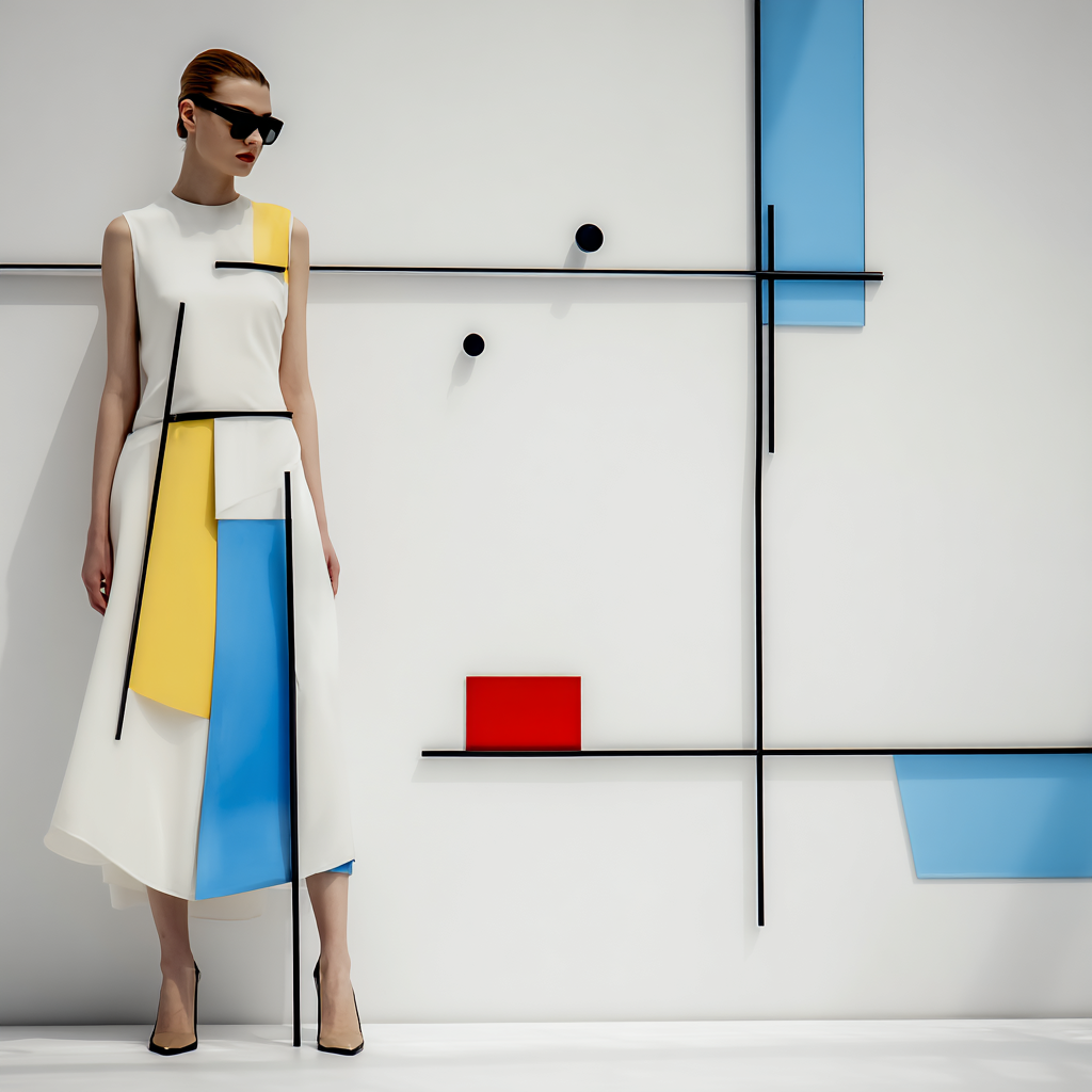 Frau in geometrisch inspiriertem Kleid in Weiß, Gelb, Blau und Rot – minimalistisches Kunstwerk im Stil von Mondrian.
