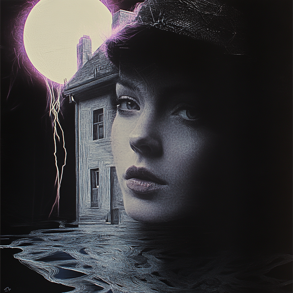 Porträt einer Frau im Dunkeln, ihr Gesicht halb im Schatten, neben einem alten Haus unter einem hell leuchtenden Mond – mystisch und surreal.
