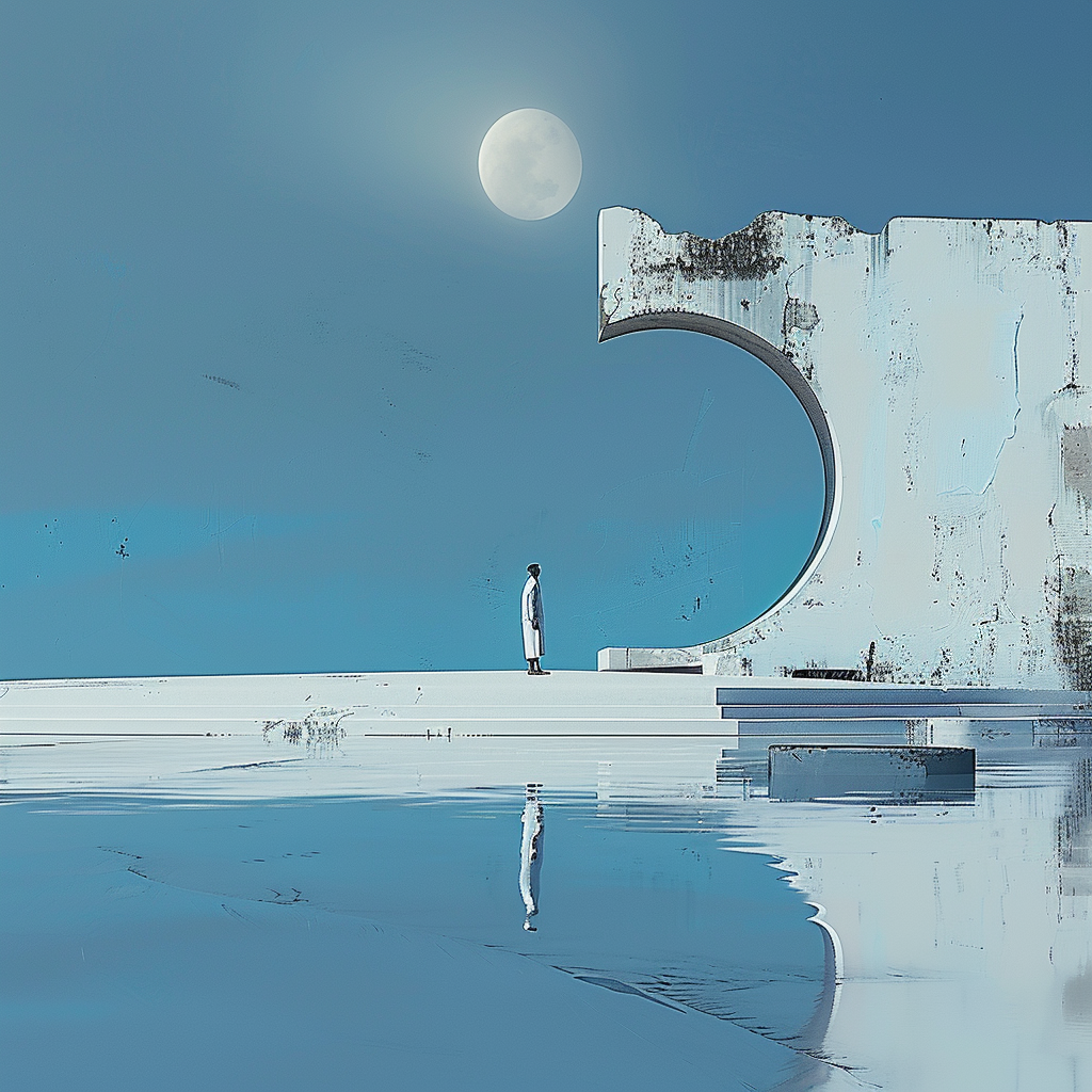 Minimalistisches digitales Kunstwerk mit einer einzelnen Person in weißem Mantel vor einer halbmondförmigen Ruinenstruktur unter dem Vollmond, gespiegelt in einer ruhigen Wasserfläche.
