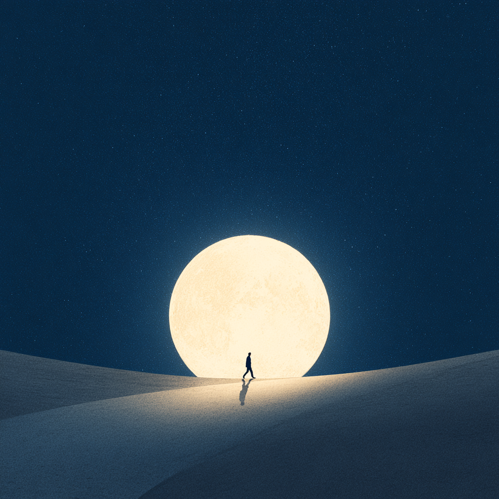 Einsame Figur wandert über Dünen vor einem gigantischen leuchtenden Vollmond in einer stillen, surrealen Nachtlandschaft.
