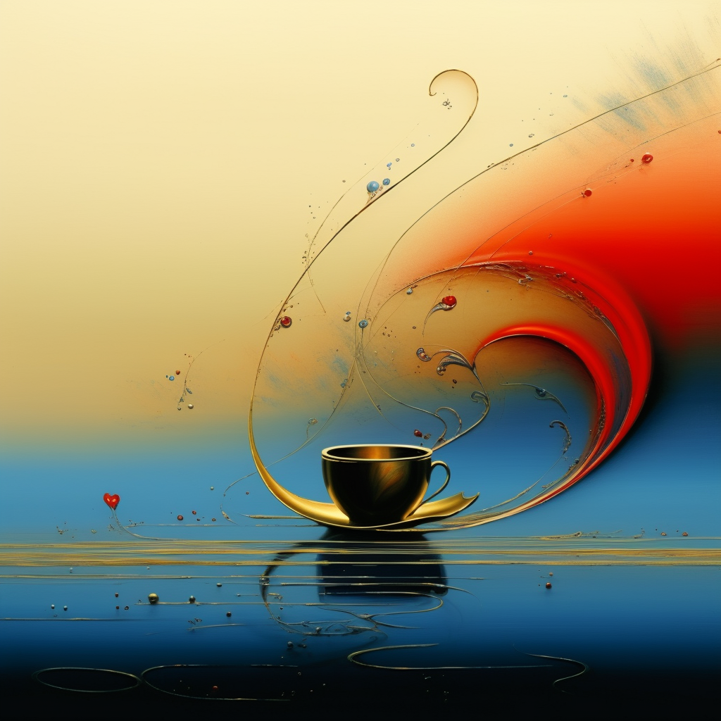 Abstrakte Komposition mit Kaffeetasse und dynamischen Farbverläufen – fließende Formen in Rot, Blau und Gold erzeugen poetische Bewegung.
