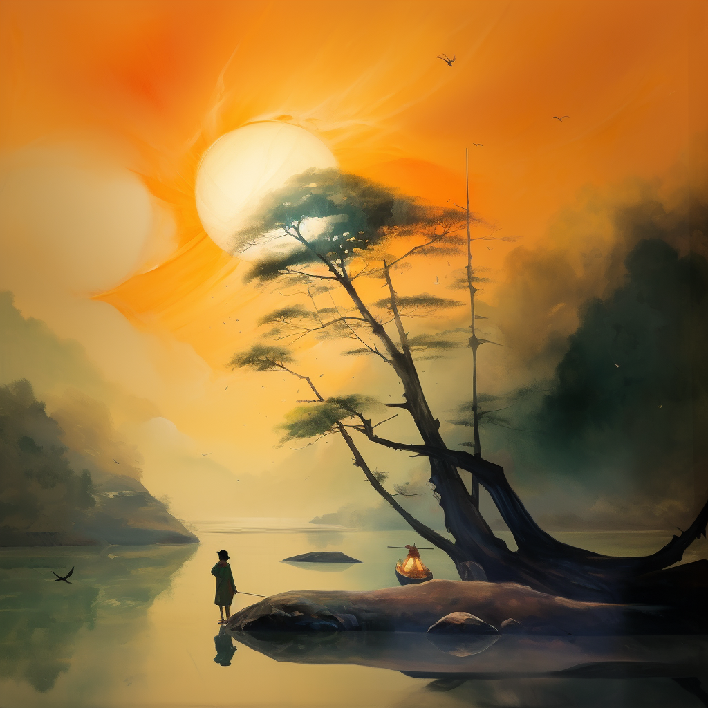 Sanfte Landschaft im goldenen Morgenlicht – Figur am Wasser, einsamer Baum und ruhige Atmosphäre zwischen Traum und Erwachen.
