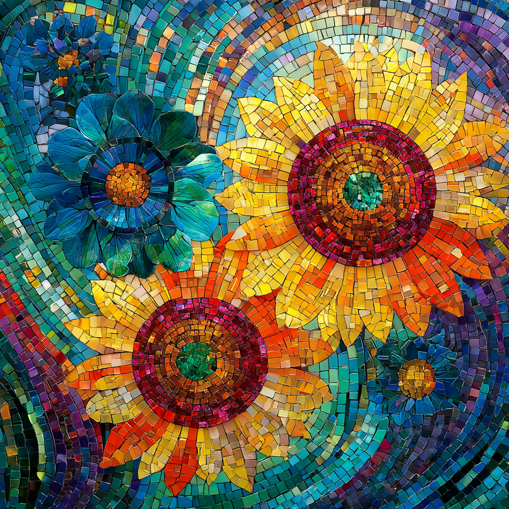 Buntes Mosaik mit leuchtenden Sonnenblumen und blauen Blüten, aus kleinen Glassteinen zusammengesetzt – Symbol für Lebensfreude, Vielfalt und strahlende Energie.
