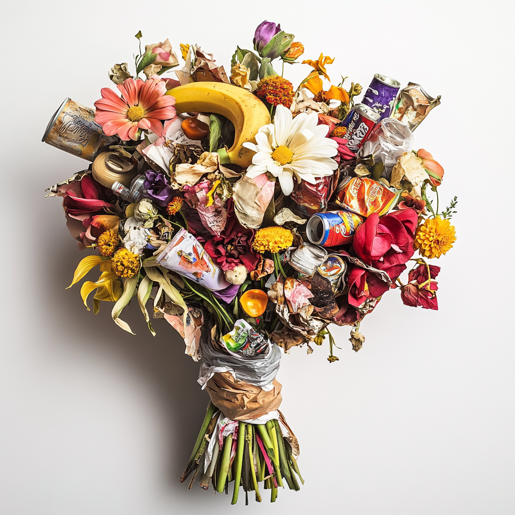 Kunstbouquet aus Blumen und Müllobjekten als gesellschaftskritische Komposition
