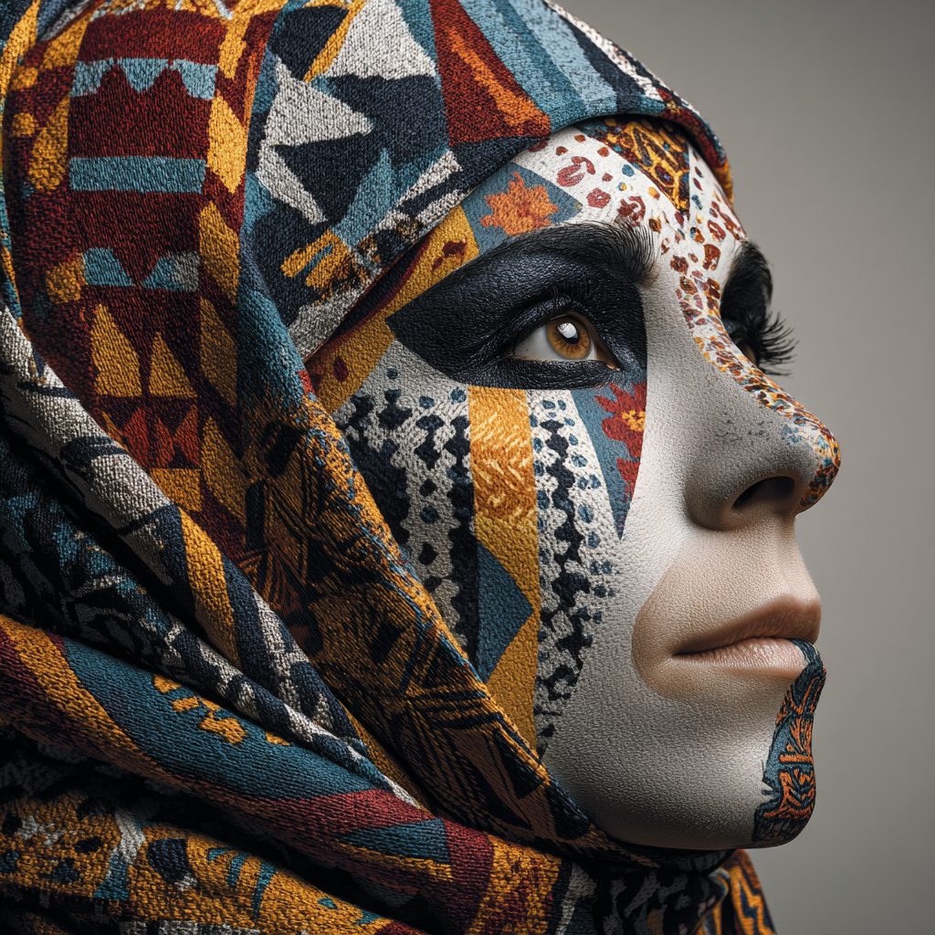 Porträt einer Frau mit kunstvoll bemaltem Gesicht und gemustertem Tuch, inspiriert von ethnischen und geometrischen Designs – Symbol für kulturelle Vielfalt und Identität.
