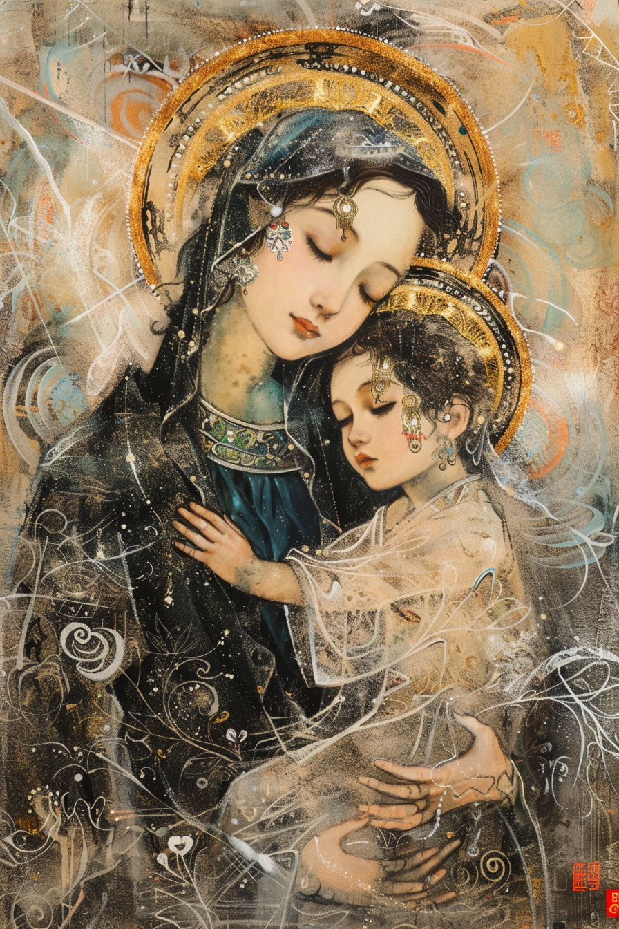 Anmutiges Gemälde einer Mutter, die liebevoll ihr Kind im Arm hält, umgeben von goldenen Ornamenten und sanftem Licht.
