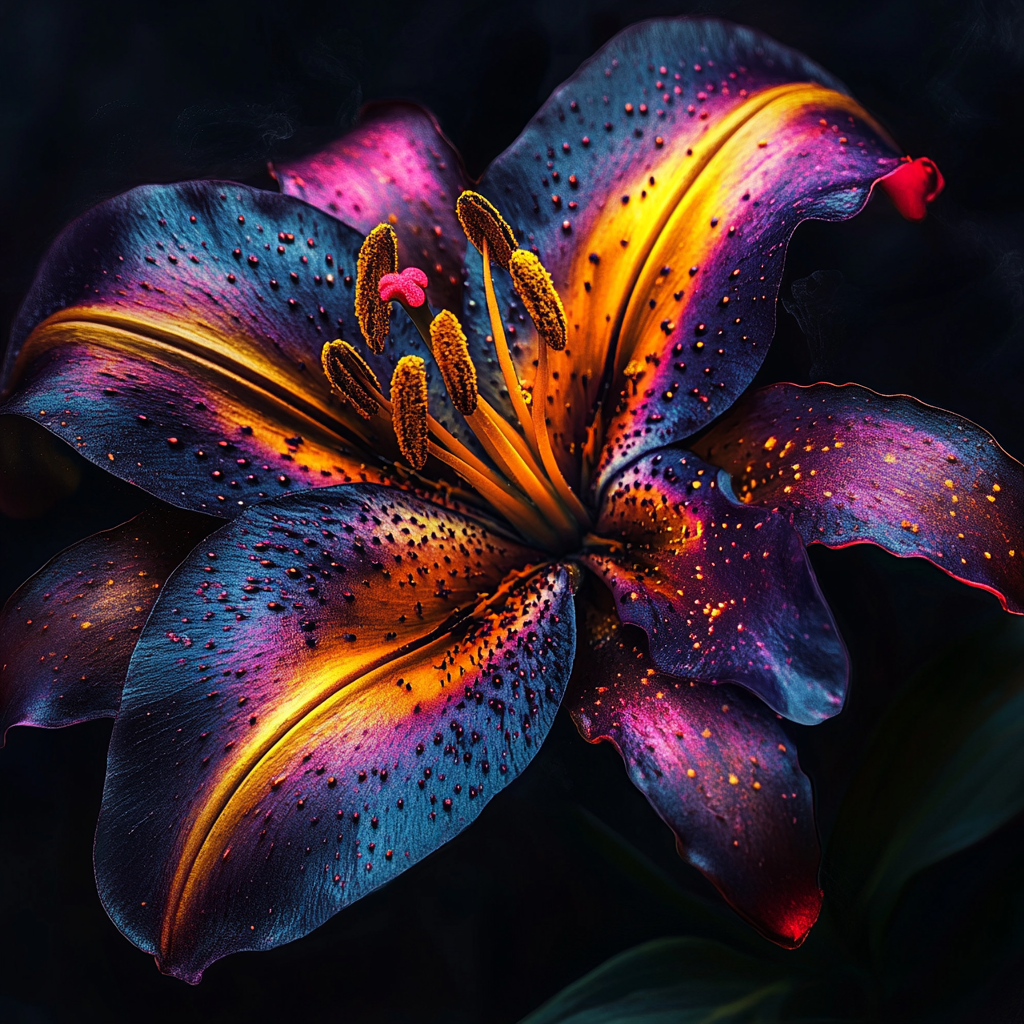 Makroaufnahme einer exotischen Blüte in leuchtenden Farben von Violett, Orange und Gold auf dunklem Hintergrund
