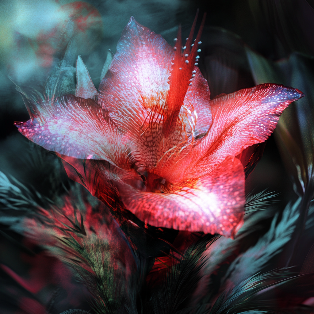 Nahaufnahme einer leuchtend roten, schimmernden Blüte mit feinen Strukturen und dunklem, nebligem Hintergrund
