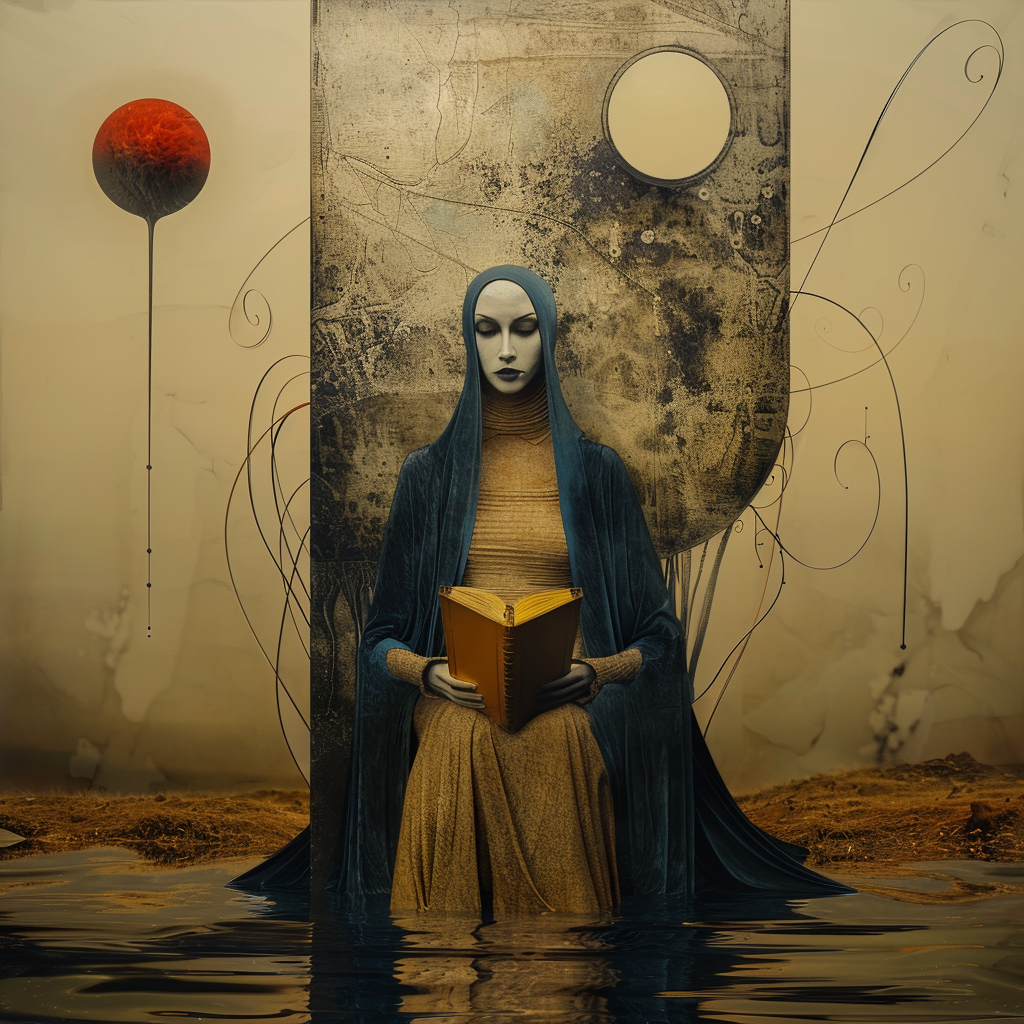 Poetisches Kunstwerk einer stillen, in Blau und Gold gekleideten Figur mit Buch vor abstraktem Hintergrund und leuchtender Kugel.
