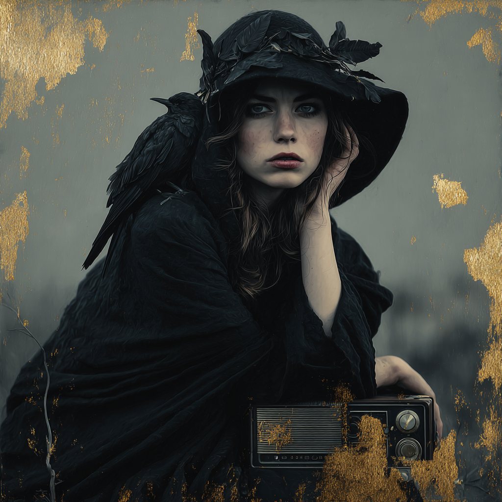 Porträt einer Frau in dunkler Kleidung mit Rabe auf der Schulter und altem Radio.

