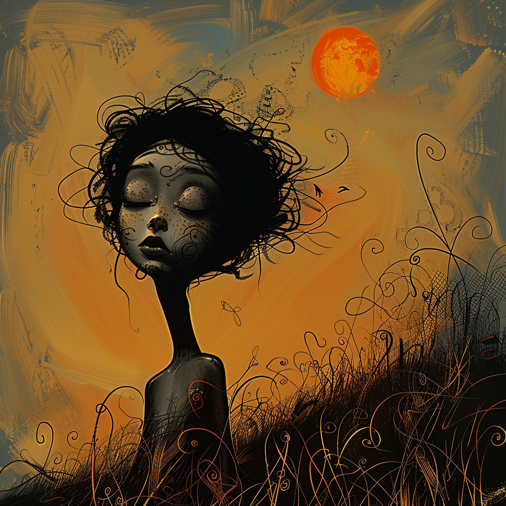 Symbolisches Porträt einer träumerischen Figur unter rotem Mond – digitale Kunst in warmen Brauntönen.
