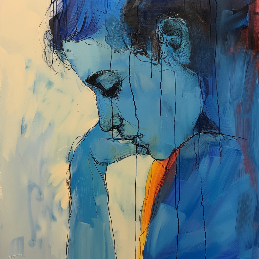 Melancholisches Porträt einer nachdenklichen Frau in Blau- und Orangetönen, gemalt in emotionaler, fließender Linienführung.
