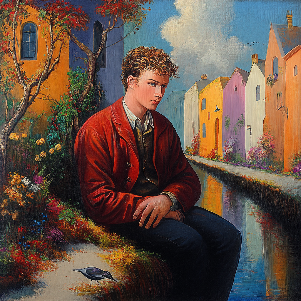 Gemälde eines jungen Mannes in roter Jacke, der an einem Kanal mit bunten Häusern sitzt
