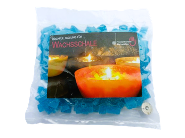 Nachfüllpackung mit blauem Wachsgranulat für Wachsschale, freigestellt mit transparentem Hintergrund und Produktetikett