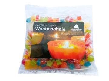 Nachfüllpackung mit bunten Wachsblättern für Wachsschale, freigestellt mit transparentem Hintergrund und Etikett