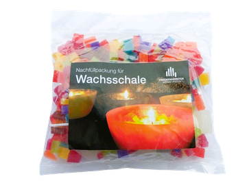 Nachfüllpackung mit buntem Wachsgranulat für Wachsschale, freigestellt mit transparentem Hintergrund und Produktetikett
