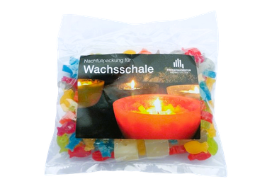 Nachfüllpackung mit bunten Wachs-Fischmotiven für Wachsschale, freigestellt mit transparentem Hintergrund und Produktetikett
