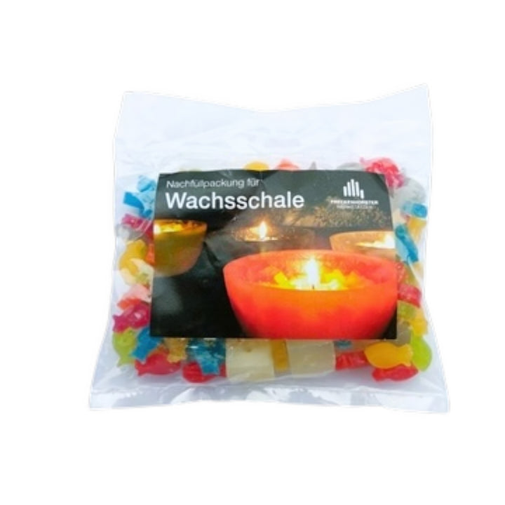 Nachfüllpackung mit bunten Wachs-Fischmotiven für Wachsschale, verpackt in transparenter Tüte mit Produktabbildung.