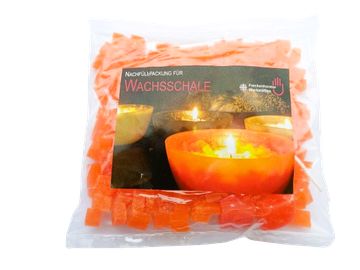 Nachfüllpackung mit orangefarbenem Wachsgranulat für Wachsschale, freigestellt mit transparentem Hintergrund und Etikett