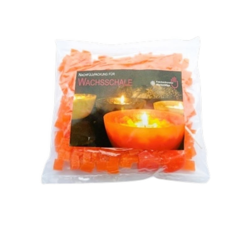 Nachfüllpackung mit orangefarbenem Wachsgranulat für Wachsschale, in transparenter Tüte mit Etikett und Produktfoto.