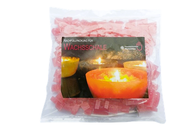 Nachfüllpackung mit rosafarbenem Wachsgranulat für Wachsschale, freigestellt mit transparentem Hintergrund und Produktetikett