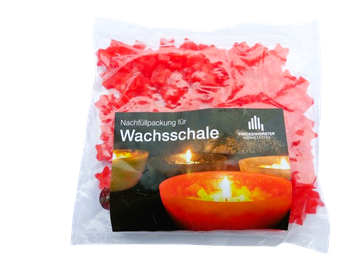 Nachfüllpackung mit roten Wachsblättern für Wachsschale, freigestellt mit transparentem Hintergrund und Produktetikett