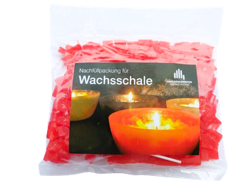 Nachfüllpackung mit rotem Wachsgranulat für Wachsschale, freigestellt mit transparentem Hintergrund und Produktetikett
