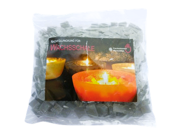Nachfüllpackung mit silbernem Wachsgranulat für Wachsschale, freigestellt mit transparentem Hintergrund und Produktetikett
