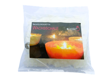 Nachfüllpackung mit weißem Wachsgranulat für Wachsschale, freigestellt mit transparentem Hintergrund und Produktetikett