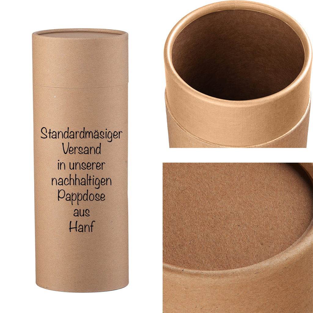 Nachhaltige Pappdose aus Hanf als umweltfreundliche Versandverpackung für handgefertigte Kerzen