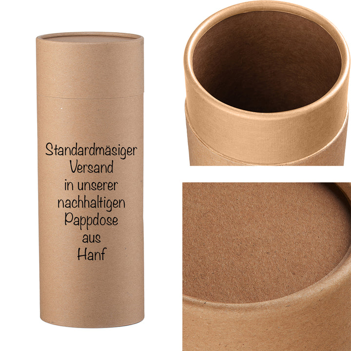 Nachhaltige Pappdose aus Hanf als umweltfreundliche Versandverpackung für handgefertigte Kerzen