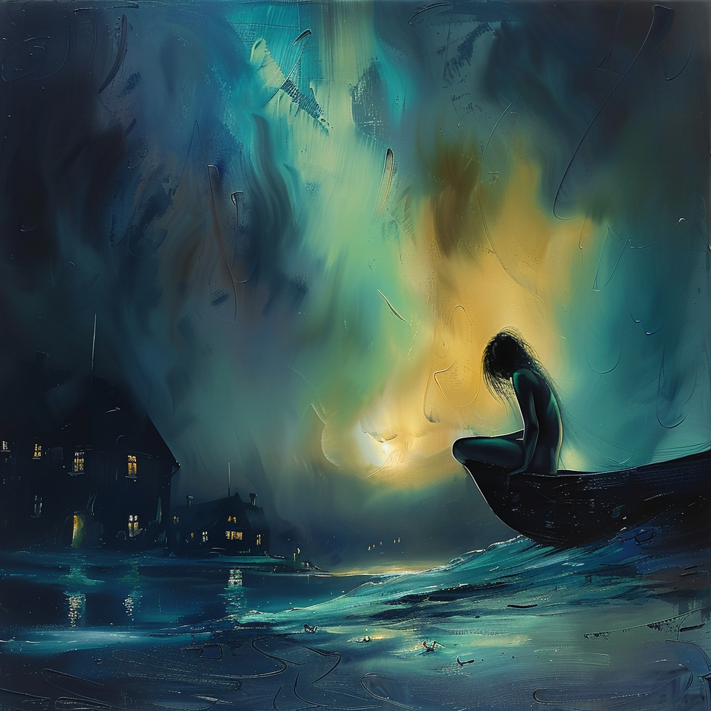 Abstraktes Gemälde einer nachdenklichen Frau, die auf einem Boot am Wasser sitzt, umgeben von leuchtenden Blau- und Gelbtönen einer nächtlichen Hafenszene.
