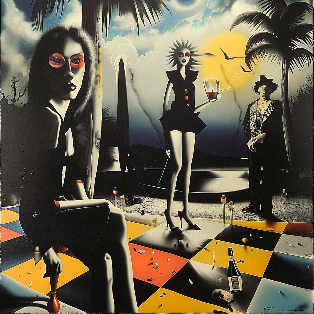 Surreale Szene mit Figuren auf einem farbigen Schachbrett bei Nacht – digitale Kunst im Retro-Noir-Stil mit starken Lichtkontrasten.
