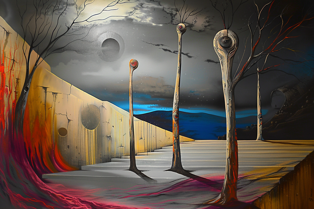 surrealistische landschaft mit saeulenartigen baeumen und zwei monden am himmel
