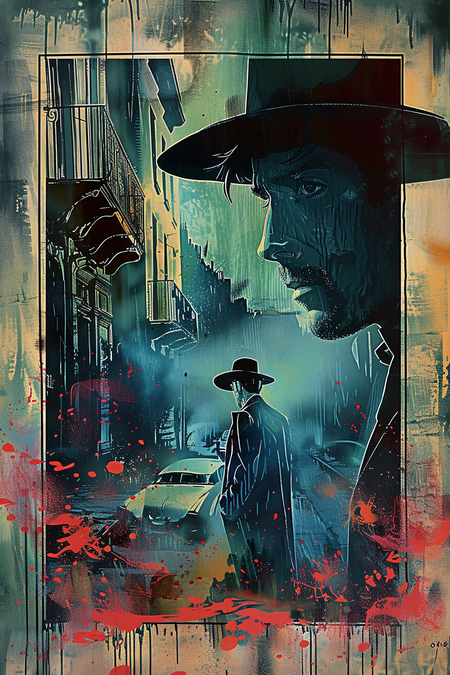 Düsteres Gemälde mit zwei Männern in Hüten und Mänteln in einer regnerischen Stadt, umgeben von blauen und roten Farbtönen.
