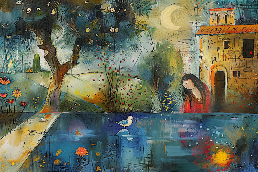 Poetische Landschaft mit einem Baum unter Mondsichellicht, einer Frau in rotem Kleid und einem kleinen Vogel am Wasser. Ein Haus mit warmem Licht und ein friedlicher Garten schaffen eine träumerische, märchenhafte Atmosphäre.
