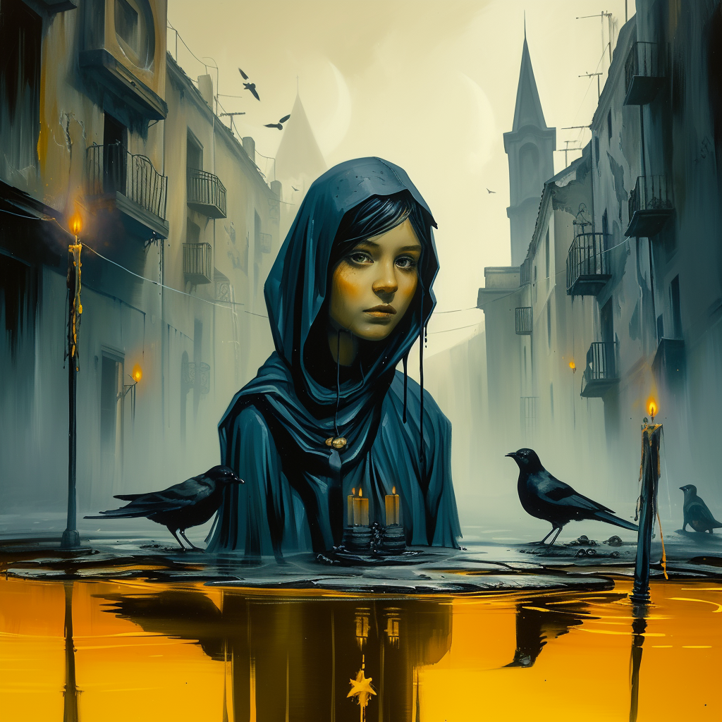 Surreales Porträt eines Mädchens in dunklem Umhang, umgeben von Kerzen, Raben und urbaner Dämmerung – geheimnisvolle, spirituelle Stimmung.
