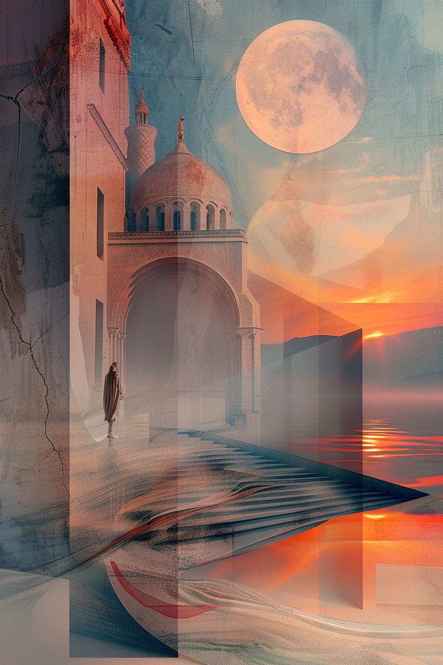 Surreales Szenenbild mit einer Person auf Treppen vor einer architektonischen Struktur mit Kuppeln, über der ein großer Vollmond und ein rotgoldener Himmel aufsteigen.
