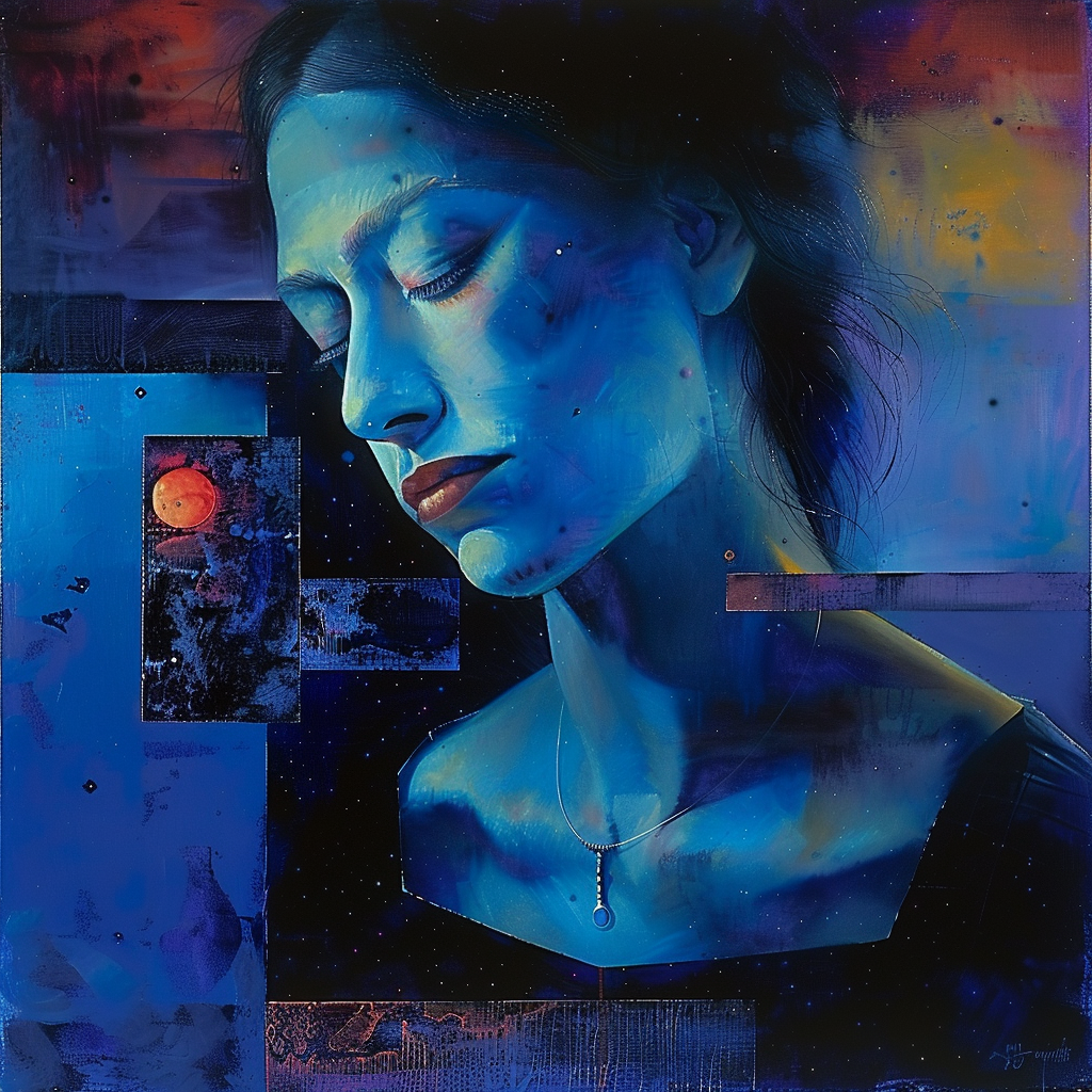 portraet einer frau in blauton mit geschlossenen augen und melancholischem ausdruck
