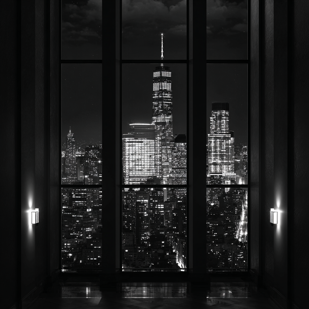 Schwarz-Weiß-Fotografie einer nächtlichen Stadtansicht mit hell erleuchteten Wolkenkratzern, gesehen durch große Fenster eines modernen Hochhauses.
