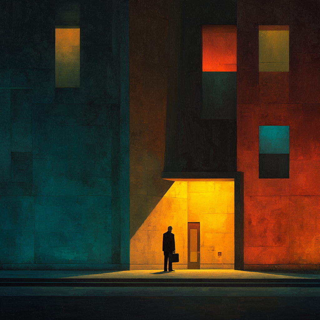 Ein Mann mit Aktentasche steht nachts vor einem erleuchteten Eingang inmitten geometrischer, farblich getrennter Gebäudeflächen – eine stille, atmosphärische Szene in Blau, Rot und Gelb.
